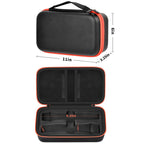 Black and orange JBL wireless microphone case dimensions with dual storage layout