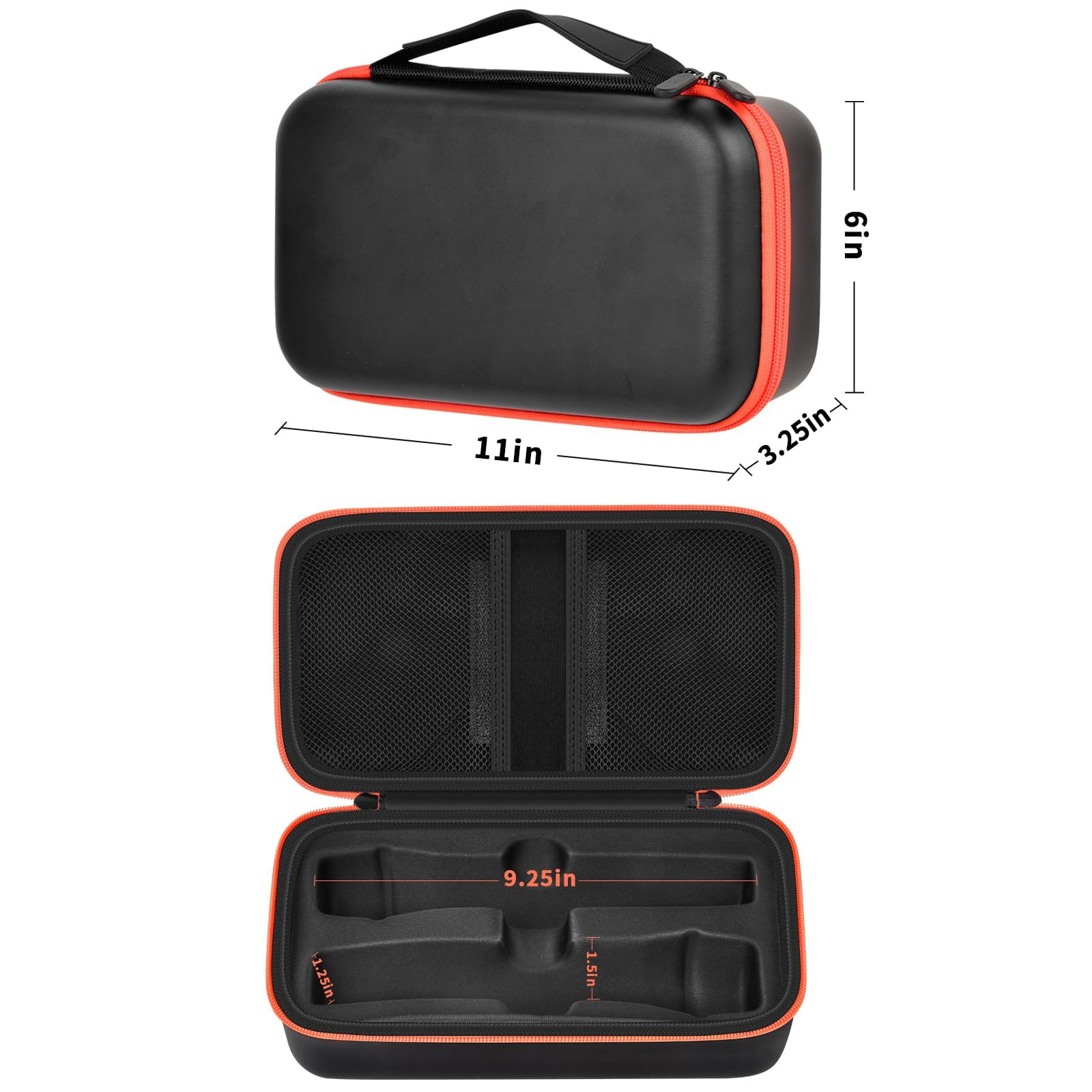 Black and orange JBL wireless microphone case dimensions with dual storage layout