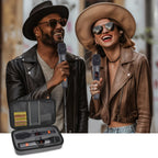 Singers using wireless microphones beside the open dark gray carrying case
