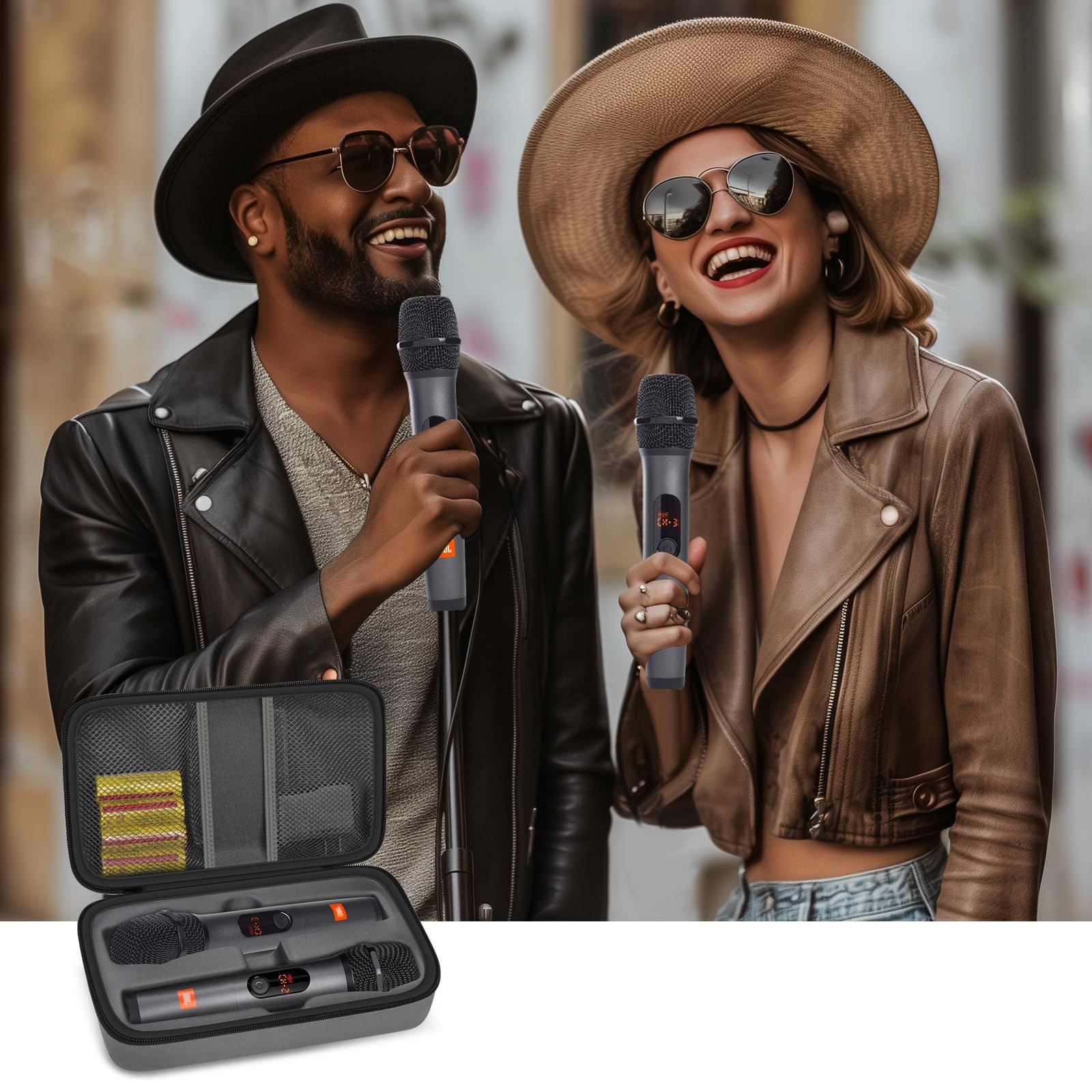 Singers using wireless microphones beside the open dark gray carrying case