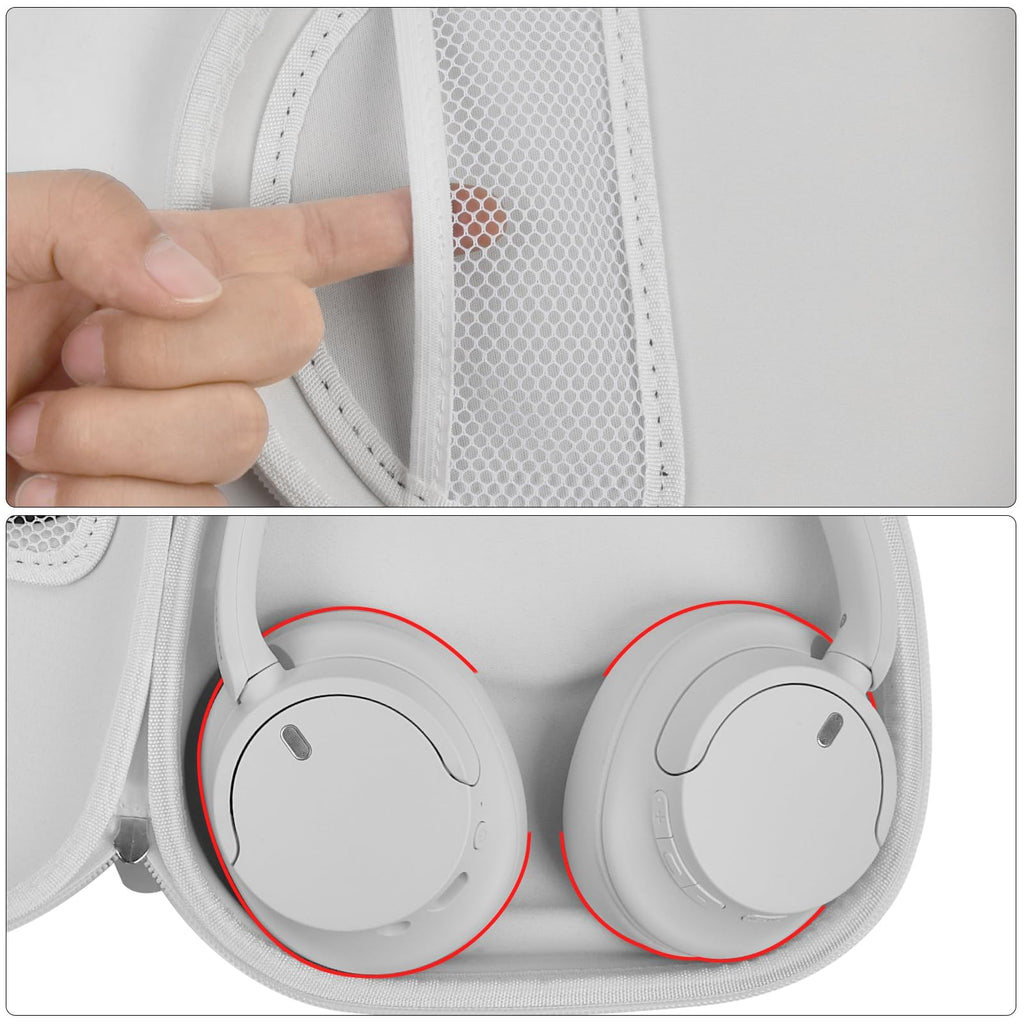 Light gray headphone case interior with mesh accessory pocket and folded headphones