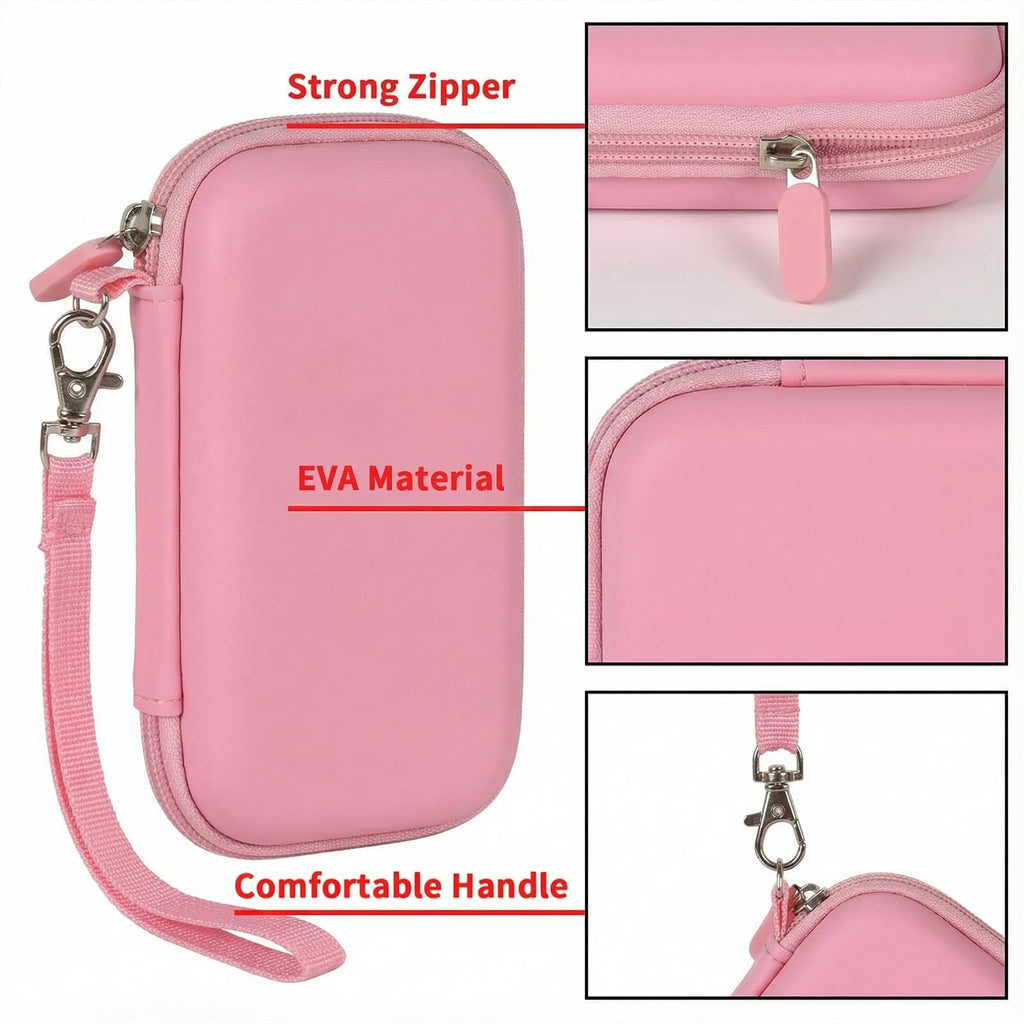 Pink EVA power bank case with strong zipper, protective shell, and comfortable wrist strap