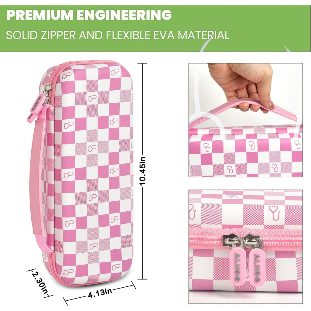 pink checkered hard stethoscope case dimensions, carry handle and dual zipper details