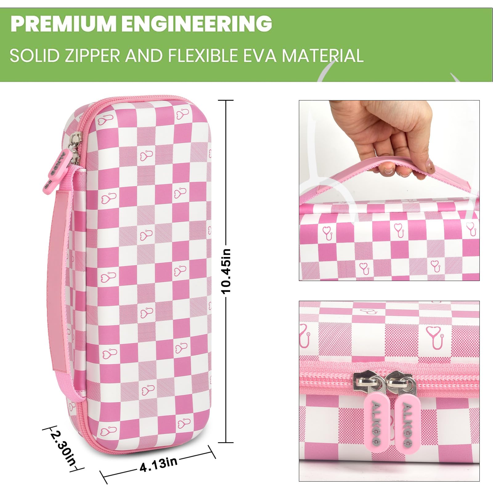 pink checkered hard stethoscope case dimensions, carry handle and dual zipper details