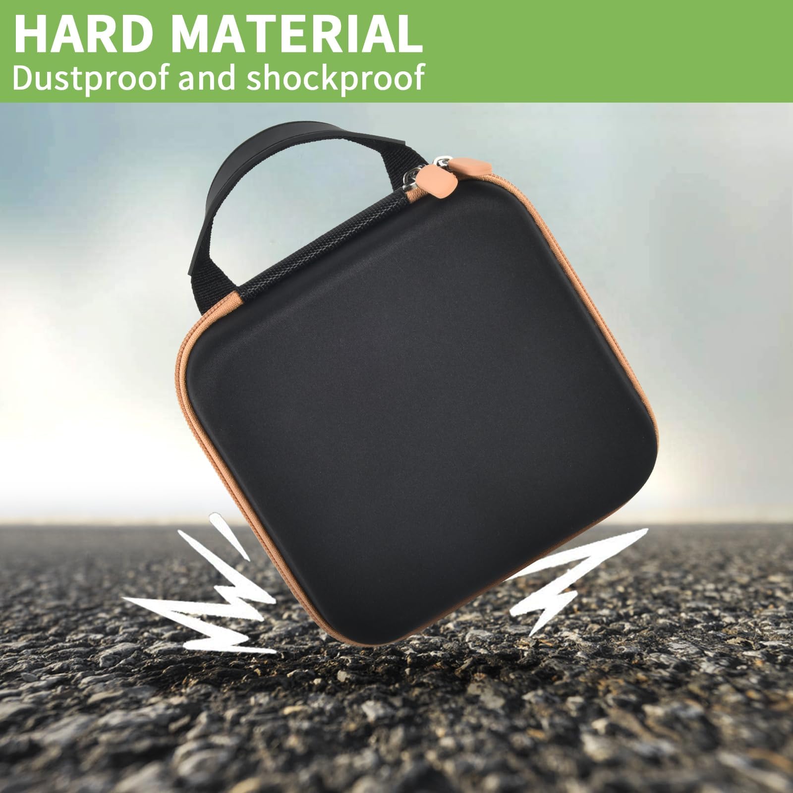 Black and tan NIIMBOT printer case demonstrating dustproof and shockproof hard-shell protection