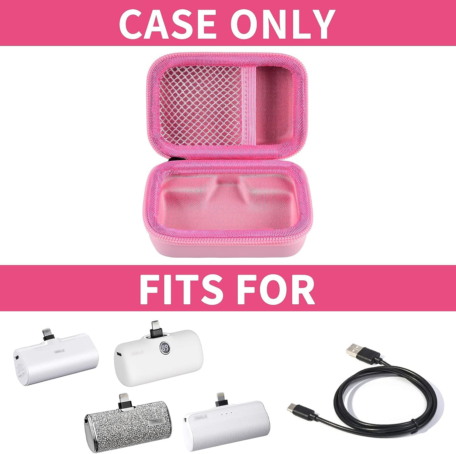Open pink mini power bank case shown with compatible portable chargers; case only