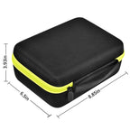 Black and neon yellow label maker case dimensions: 8.85 by 6.5 by 3.93 inches
