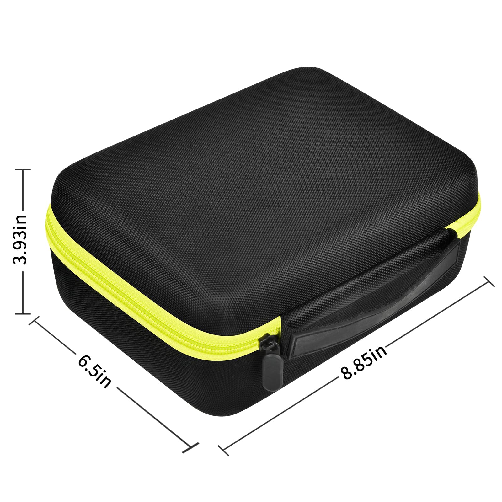 Black and neon yellow label maker case dimensions: 8.85 by 6.5 by 3.93 inches
