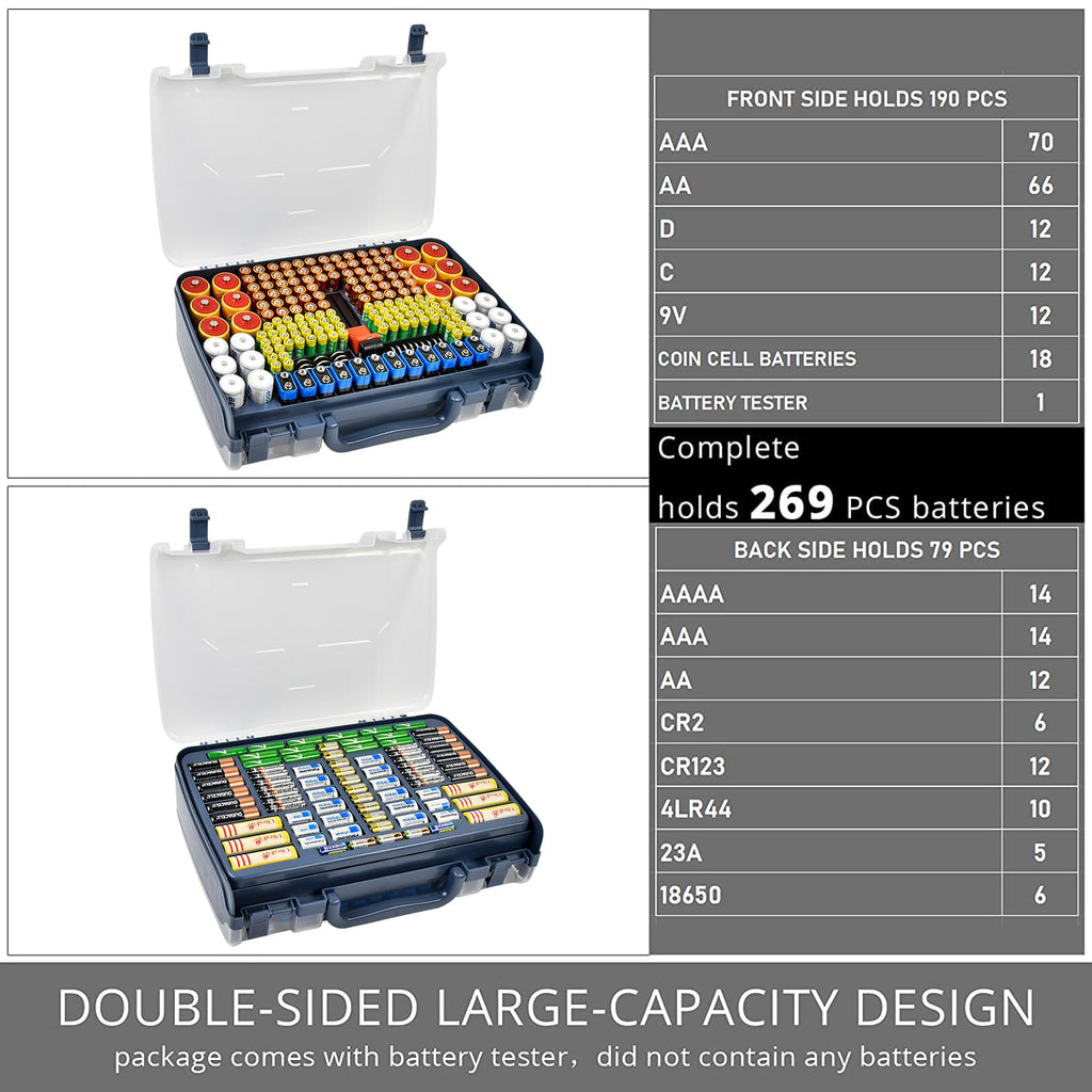 Navy blue 269-slot battery organizer case capacity chart for 269 battery slots
