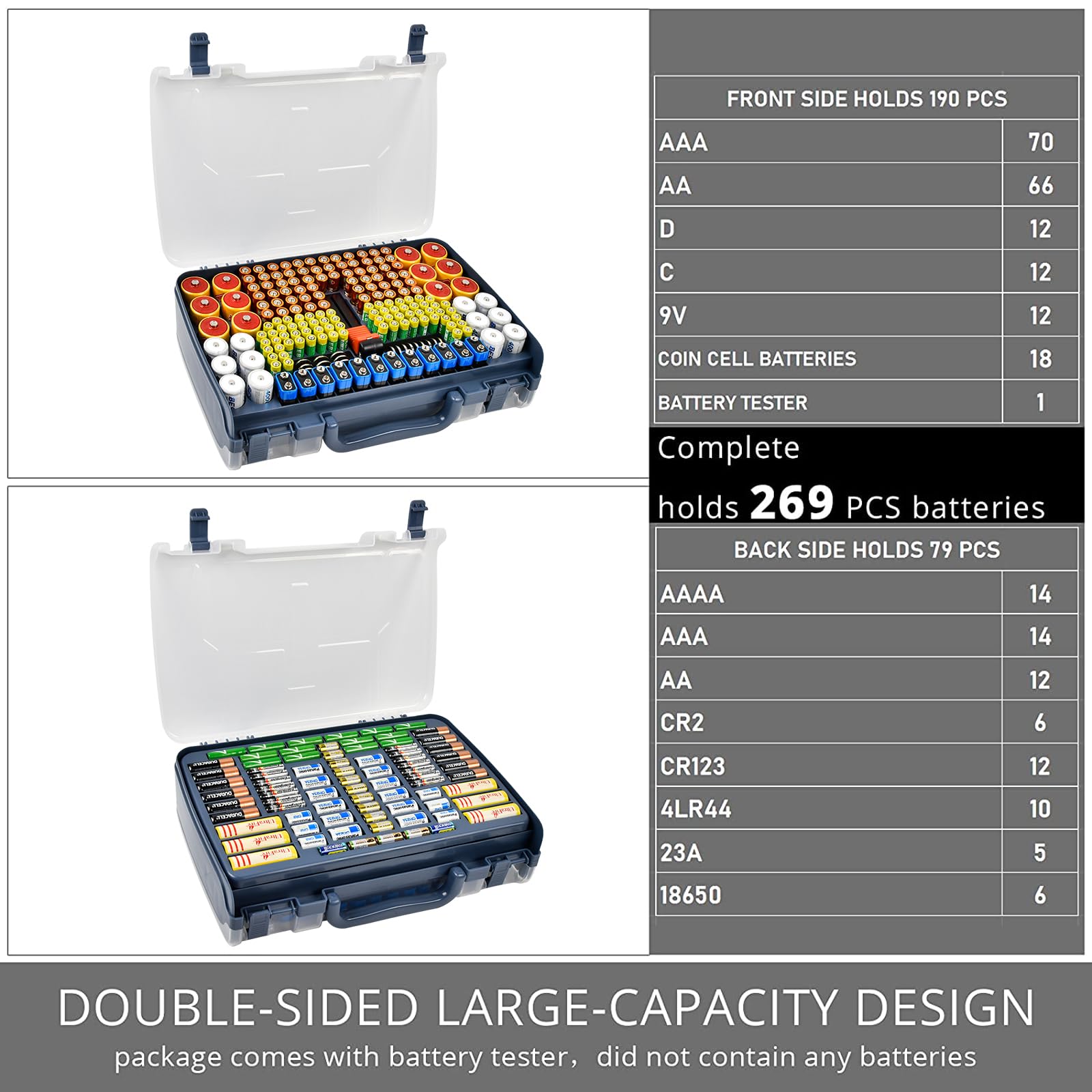 Navy blue 269-slot battery organizer case capacity chart for 269 battery slots