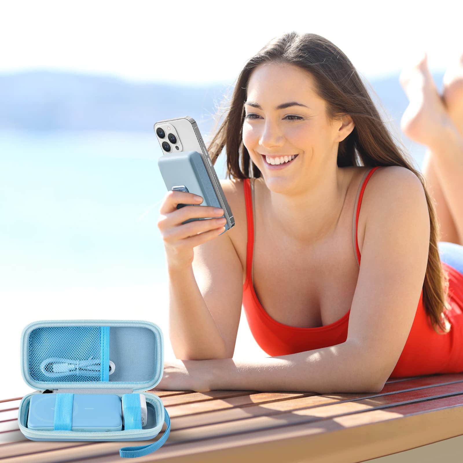 Blue carrying case beside a phone using a magnetic power bank