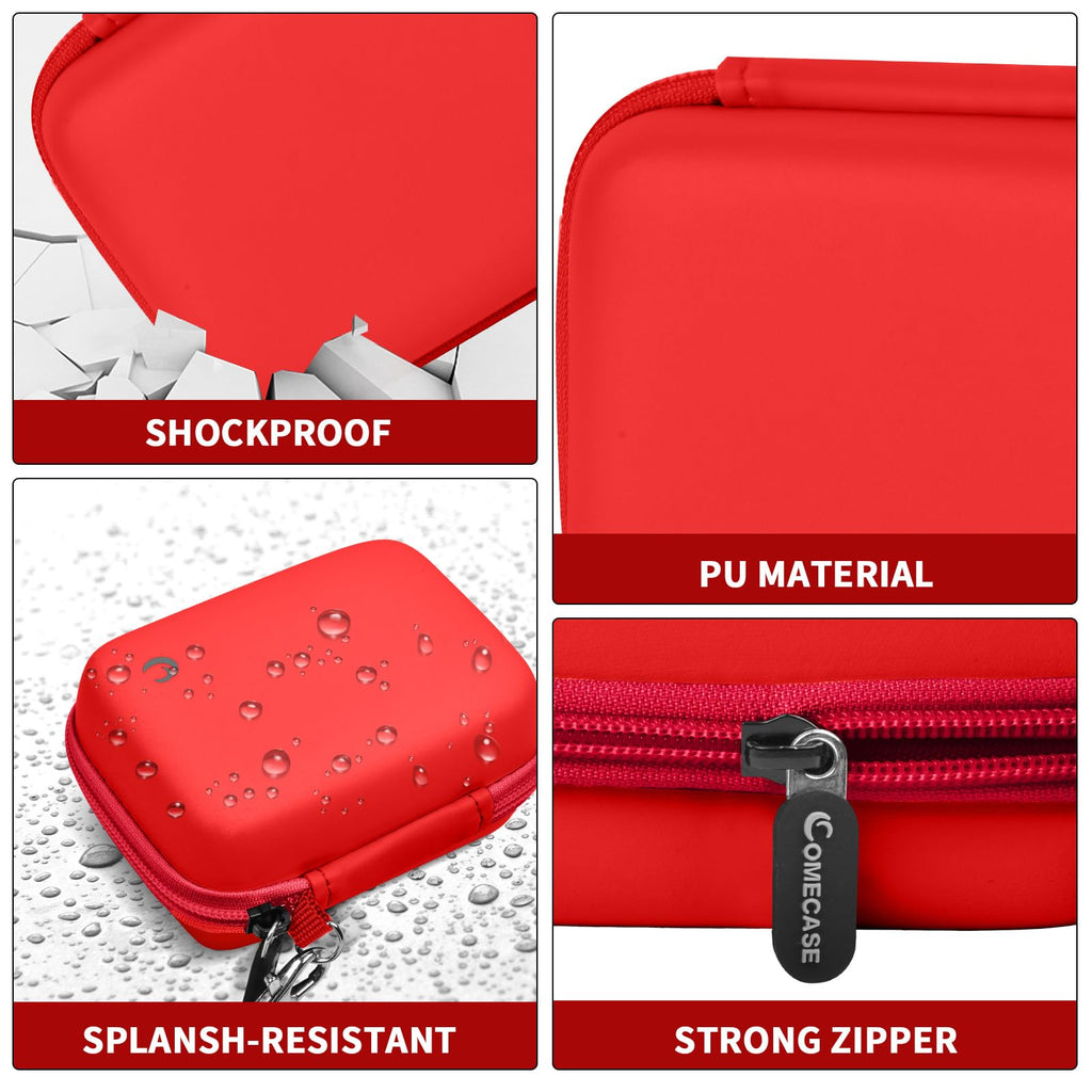 Red camera case with shockproof PU shell, splash resistance, and strong zipper