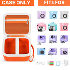 Orange kids instant print camera case shown open beside a compatible kids instant print camera and accessories