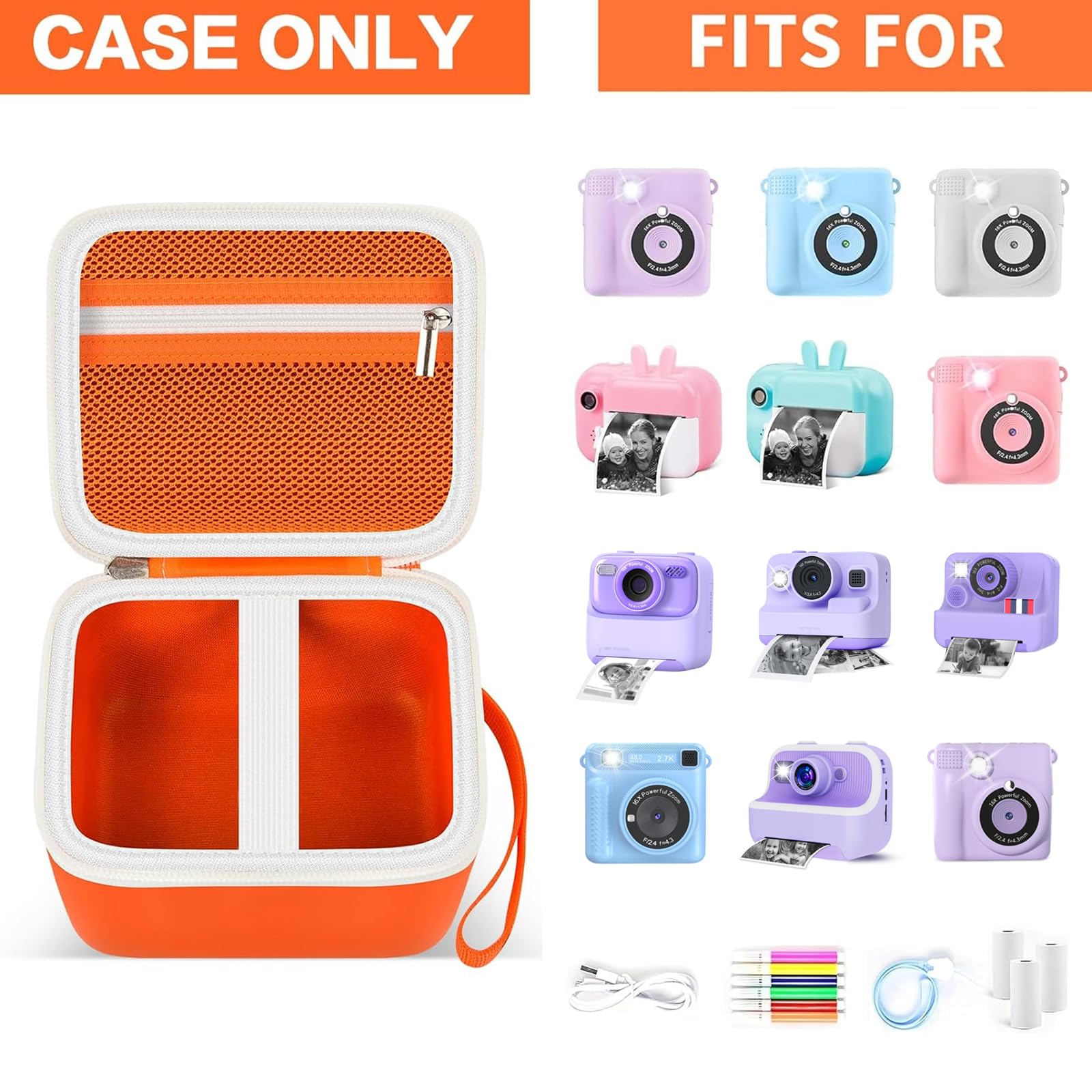 Orange kids instant print camera case shown open beside a compatible kids instant print camera and accessories