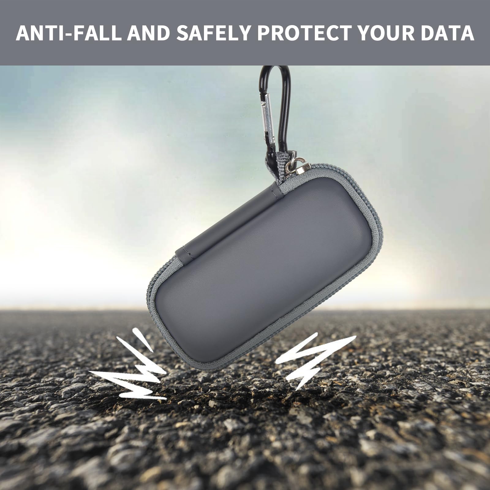 Dark gray USB flash drive and SD card storage case drop-protection demonstration
