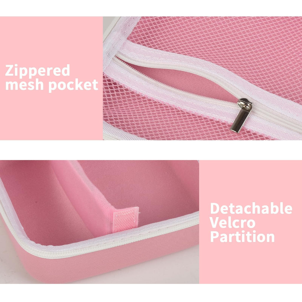 Pink label maker case interior with zippered mesh pocket and removable partition