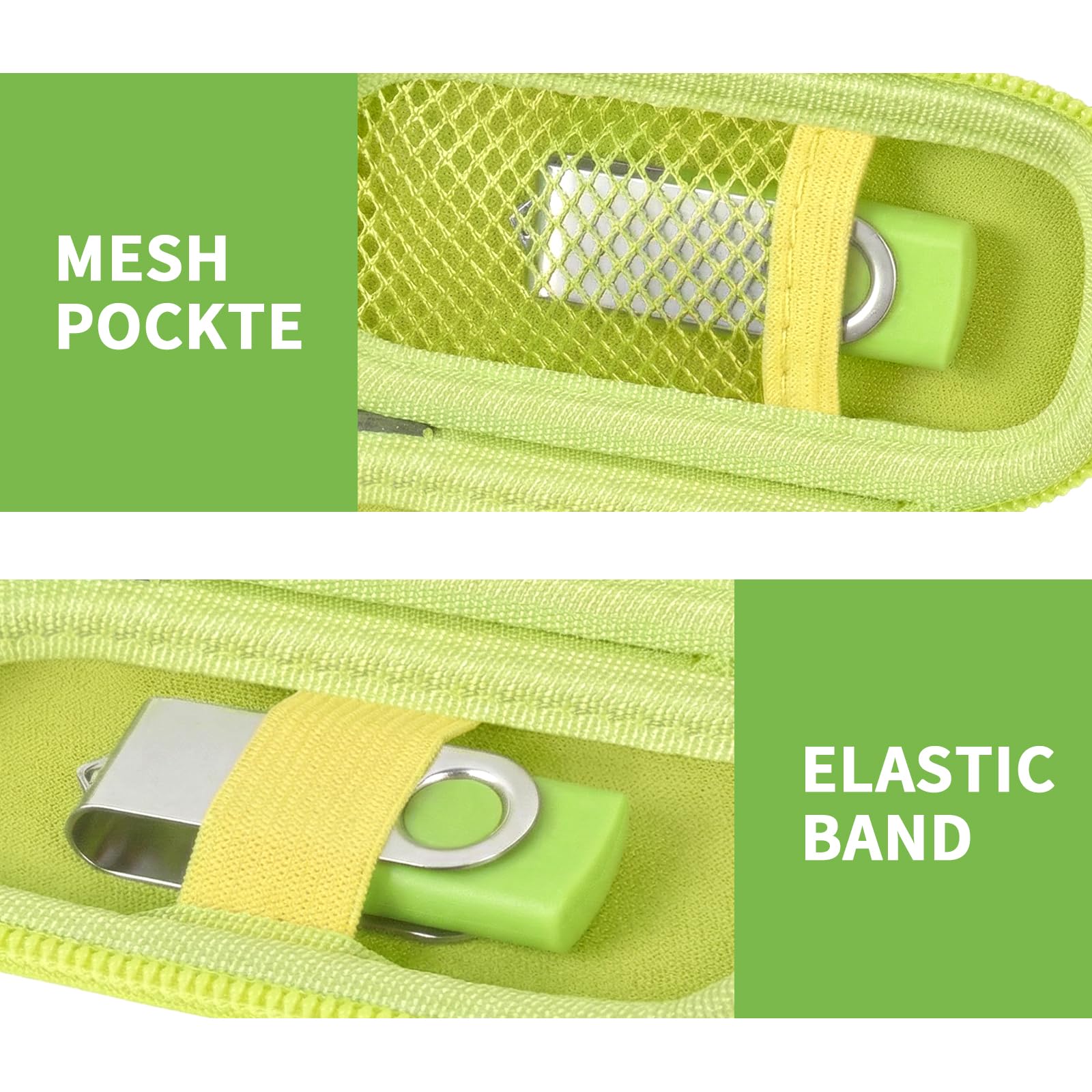 Neon green USB flash drive and SD card storage case mesh pocket and elastic strap interior