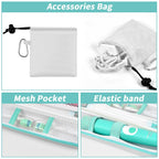 White and teal toothbrush case with accessory pouch, mesh pocket, and elastic band