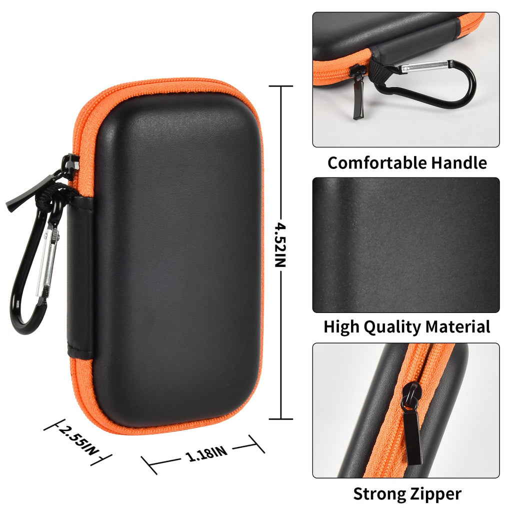 Black and orange portable SSD case dimensions with zipper, hard shell, and handle