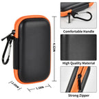 Black and orange portable SSD case dimensions with zipper, hard shell, and handle