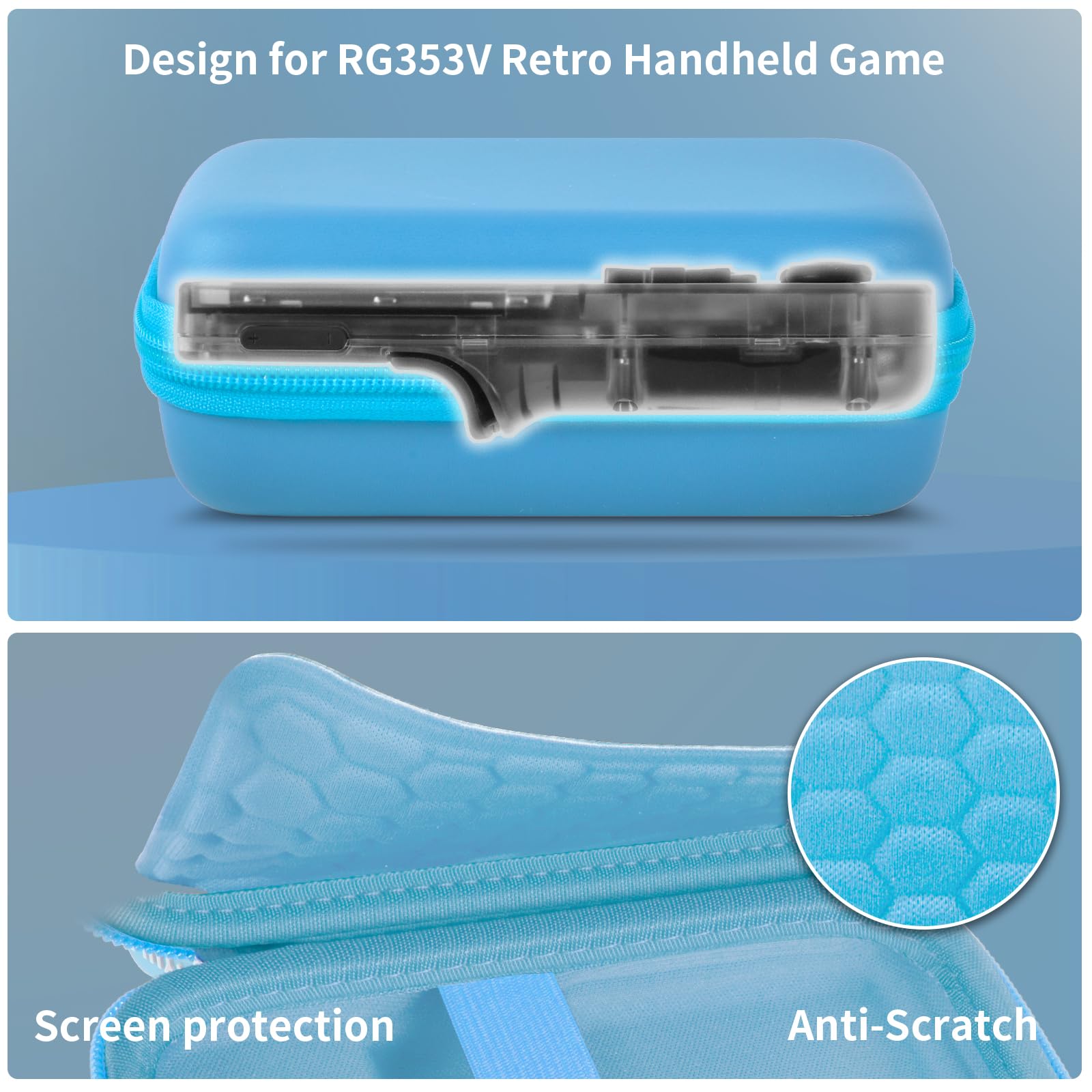 Light blue retro handheld console carrying case protective molded shell and scratch-resistant lining detail