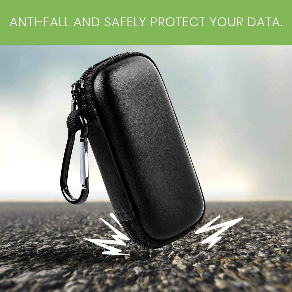 Black USB flash drive and SD card storage case drop-protection demonstration