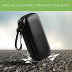 Black USB flash drive and SD card storage case drop-protection demonstration