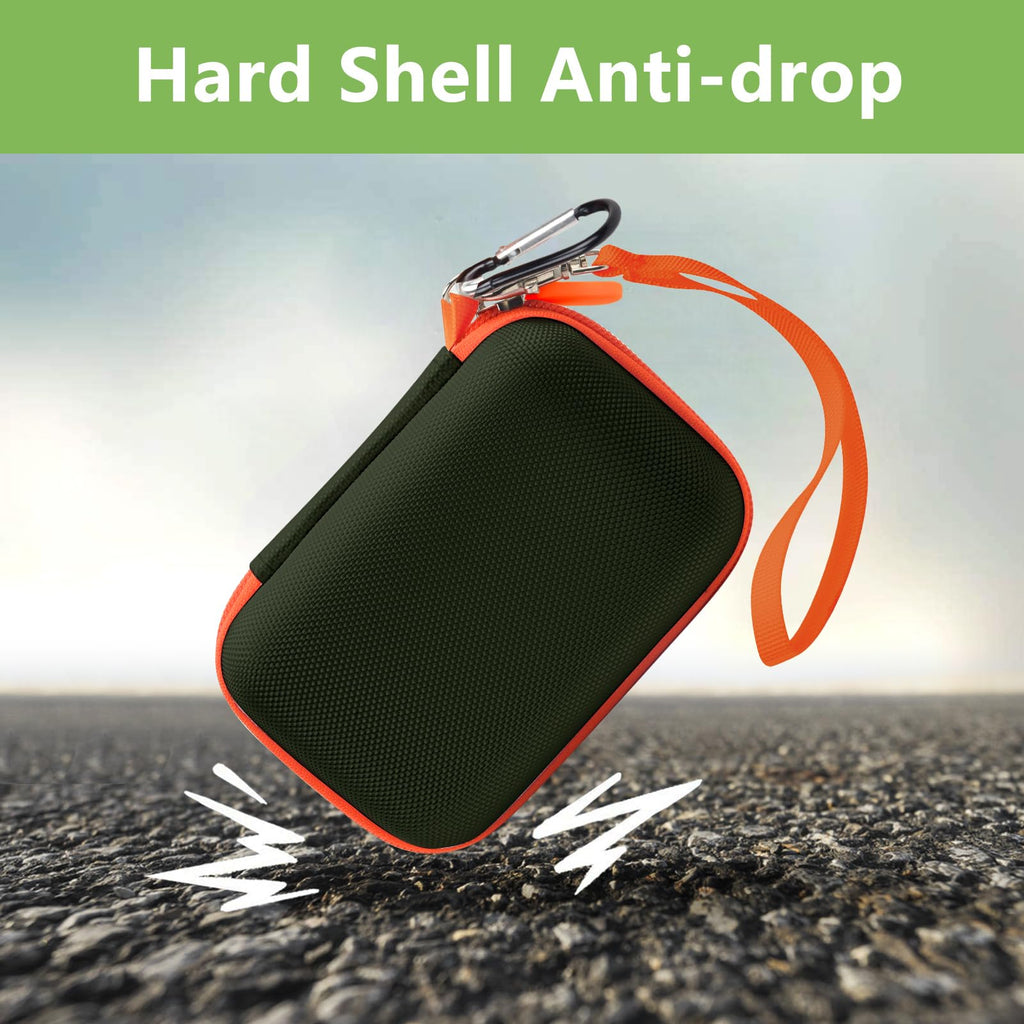 Dark green and orange hard-shell JBL Go speaker case demonstrating anti-drop protection