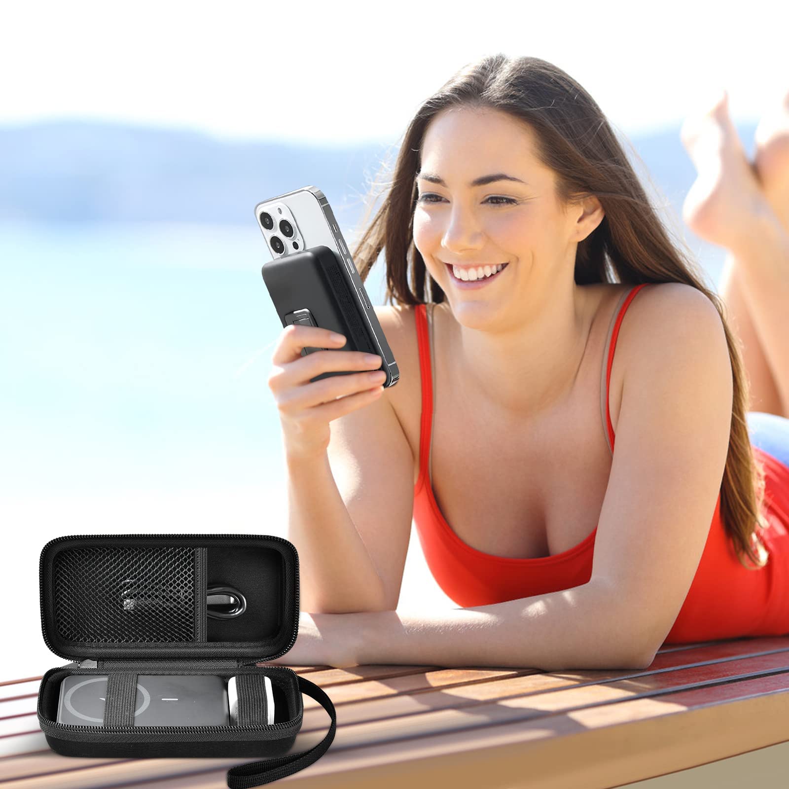 Black carrying case beside a phone using a magnetic power bank