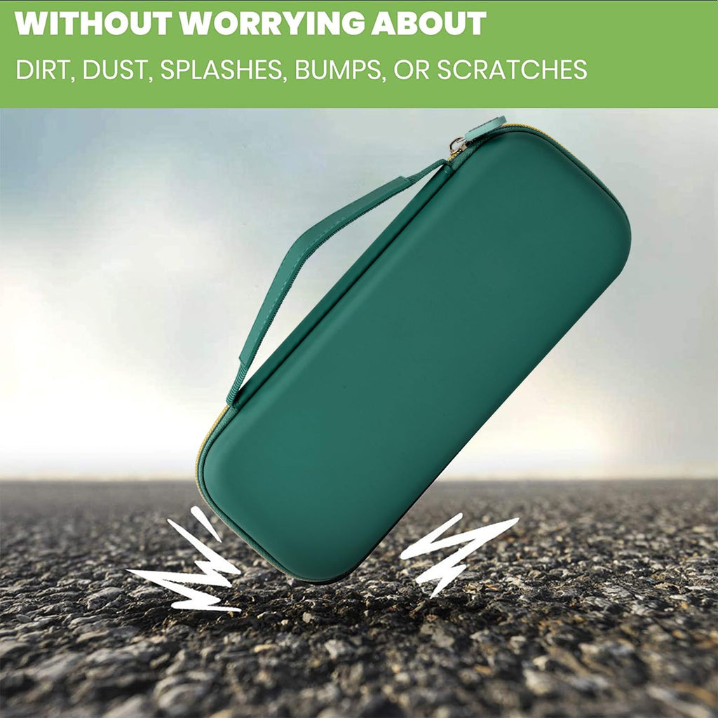 dark green hard stethoscope case shown protecting against bumps and scratches