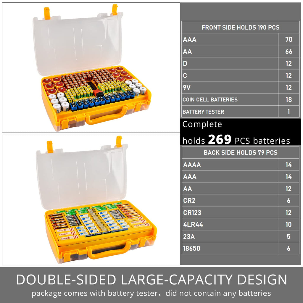 Orange 269-slot battery organizer case capacity chart for 269 battery slots