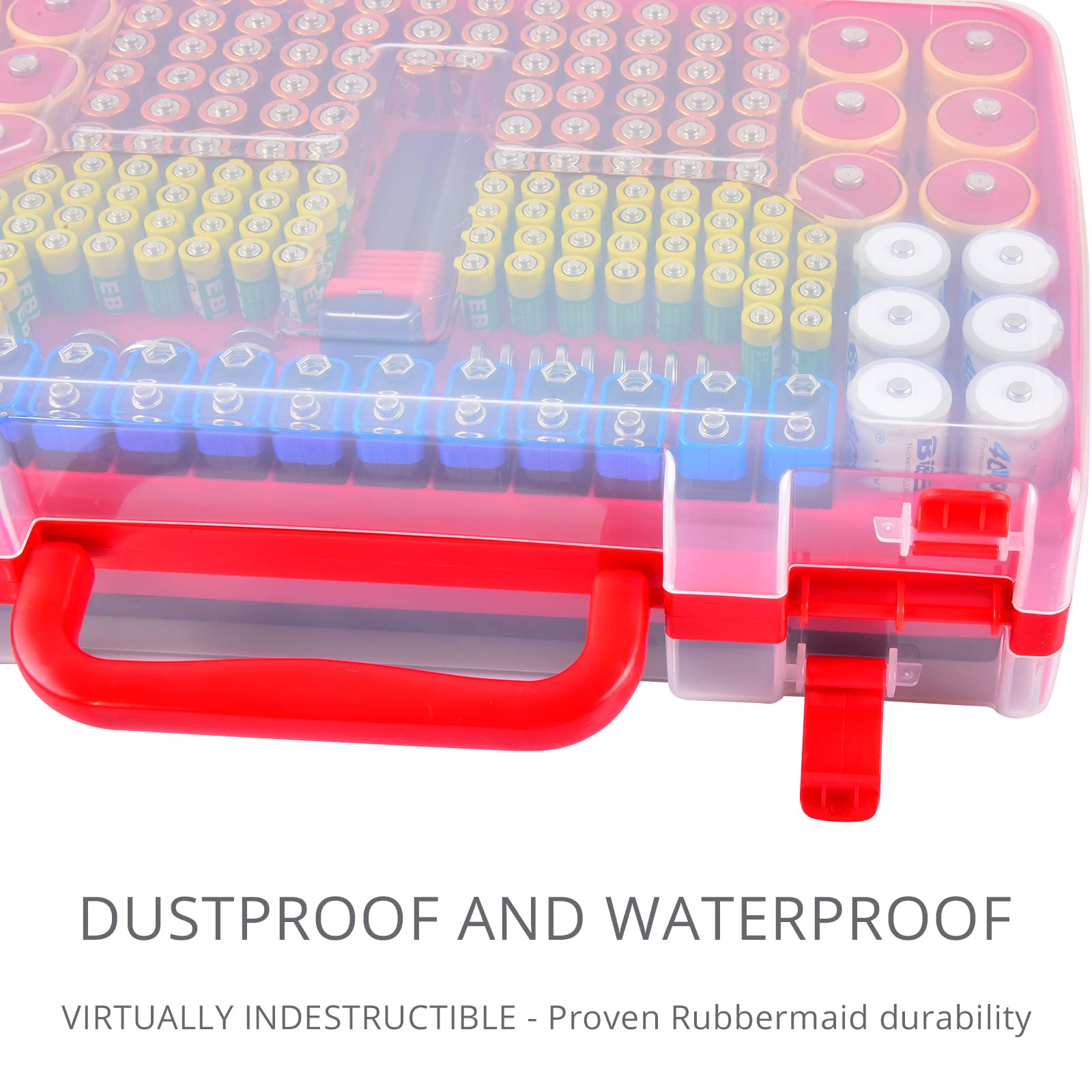 Red 269-slot battery organizer case dustproof and water-resistant hard case demonstration