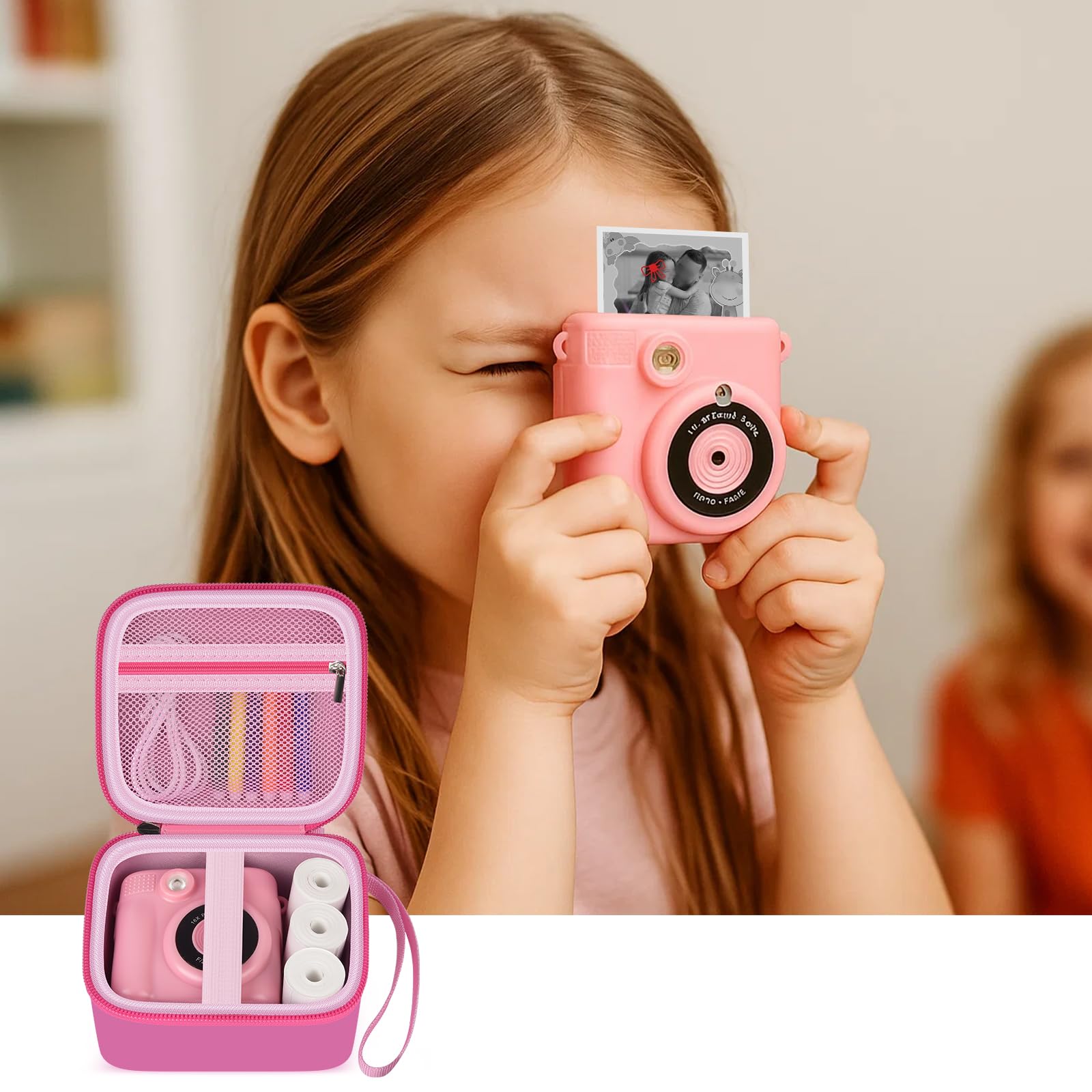 Pink bear-shaped kids instant print camera case shown with a child using a compatible camera