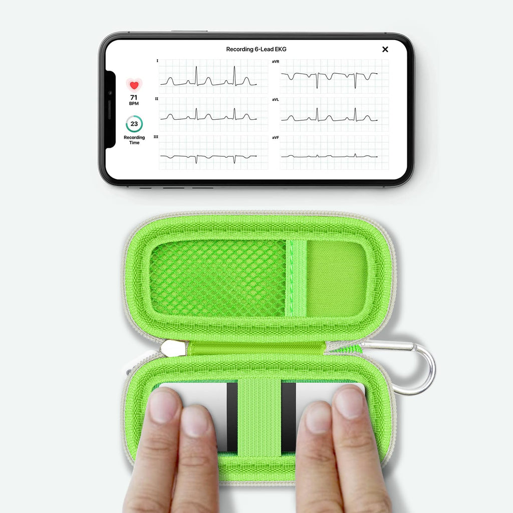 KardiaMobile 6L device used inside the open green travel case without removal