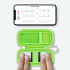KardiaMobile 6L device used inside the open green travel case without removal