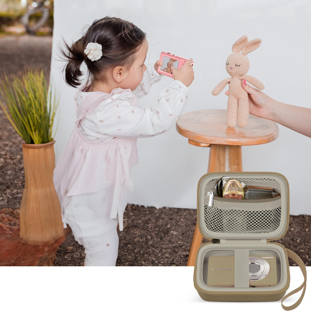 Khaki protective digital camera case shown beside a child using a compact camera