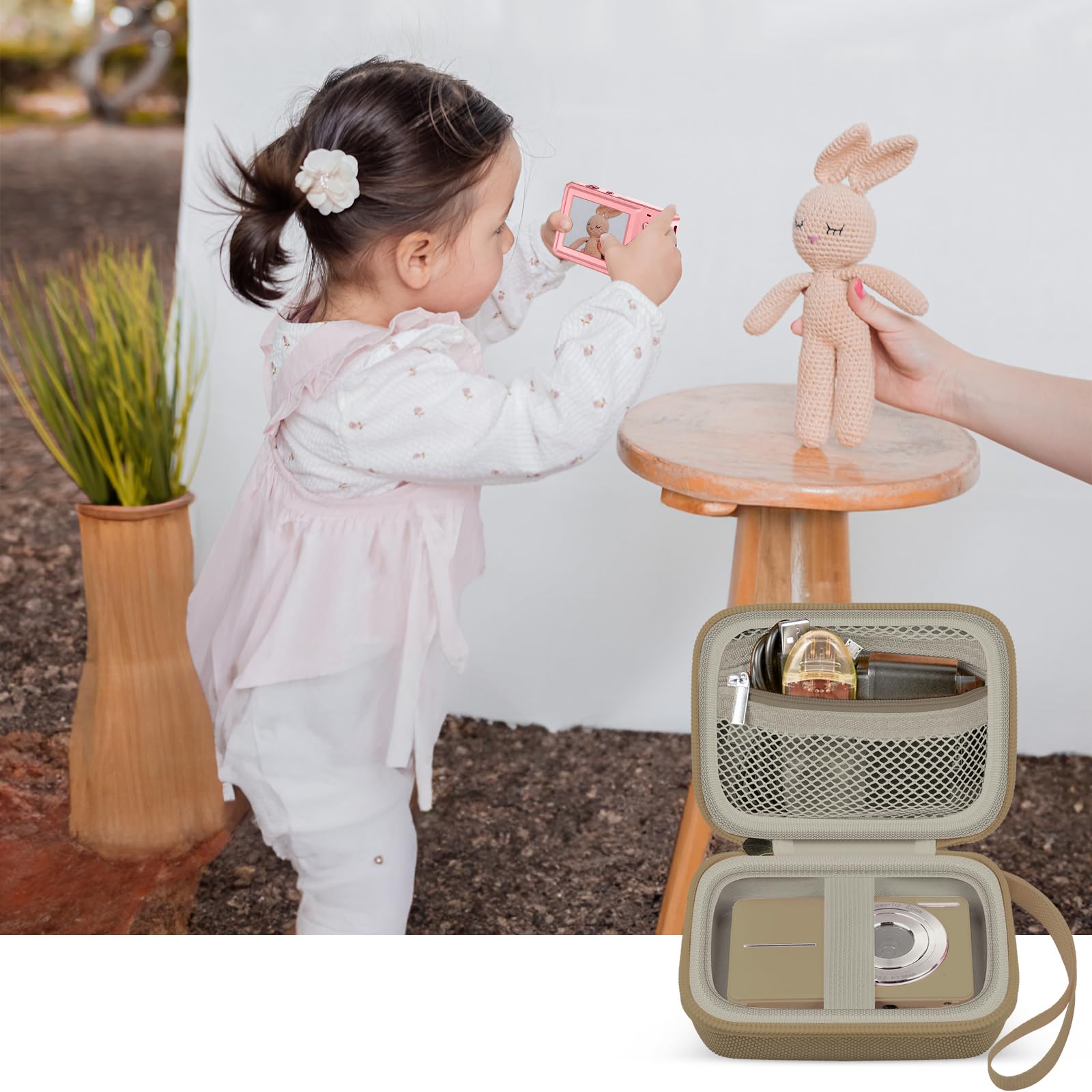 Khaki protective digital camera case shown beside a child using a compact camera