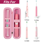 Open pink slim toothbrush case shown with compatible electric toothbrush handles