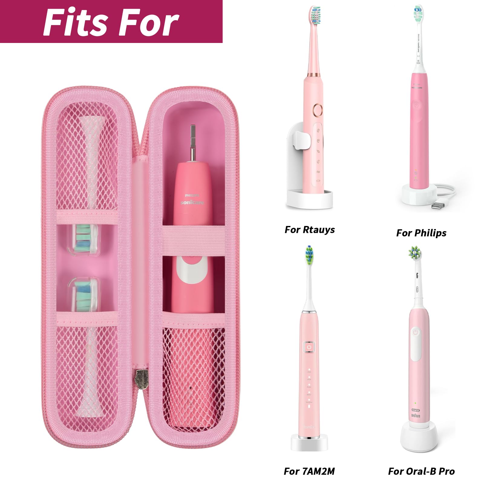 Open pink slim toothbrush case shown with compatible electric toothbrush handles