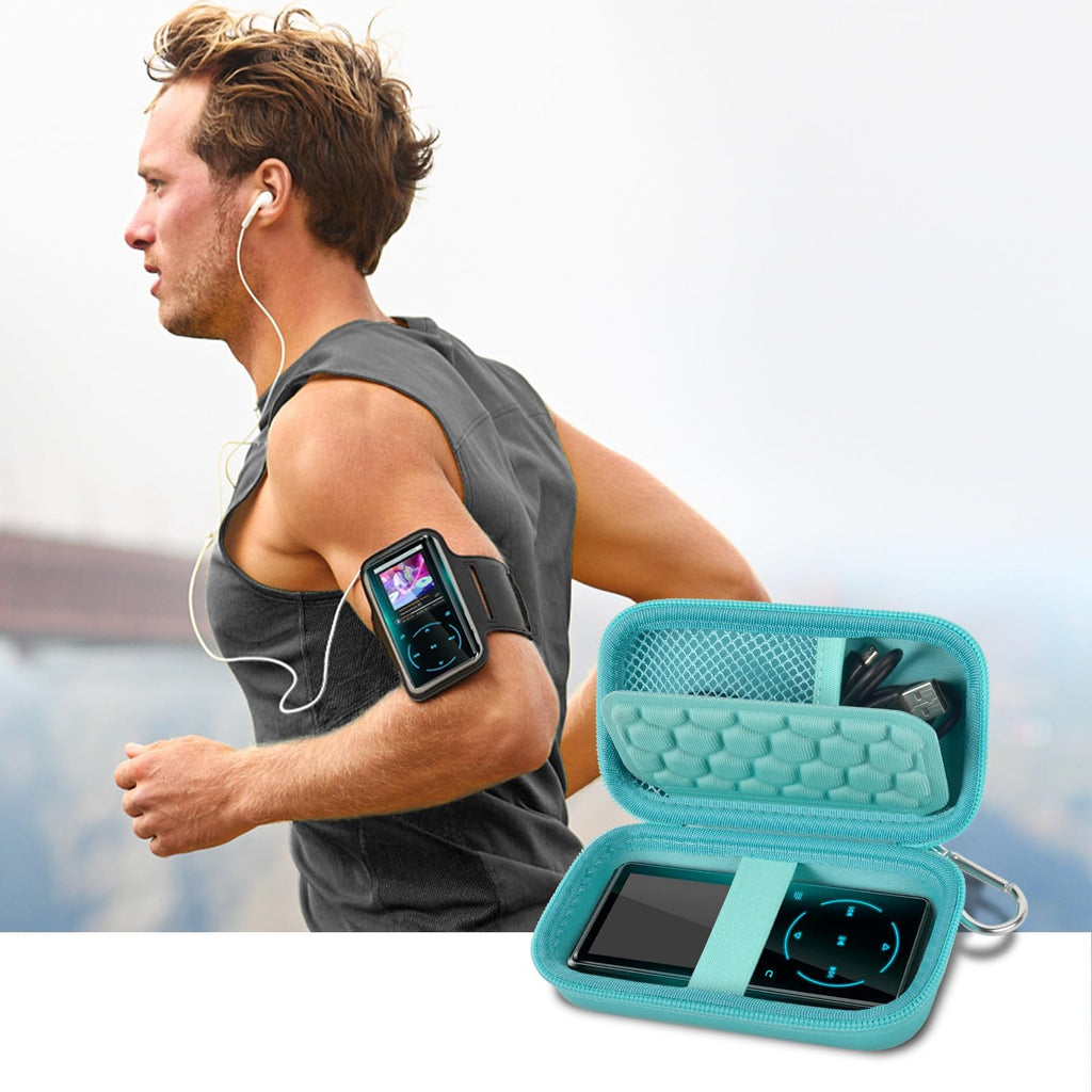 Runner using an MP3 player beside the open teal protective case