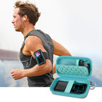 Runner using an MP3 player beside the open teal protective case