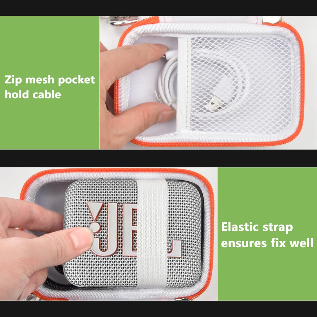 White and orange speaker case interior with mesh cable pocket and elastic strap holding a JBL Go speaker