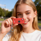 Red silicone case for Kodak Charmera keychain camera shown with a woman holding the camera on its keychain