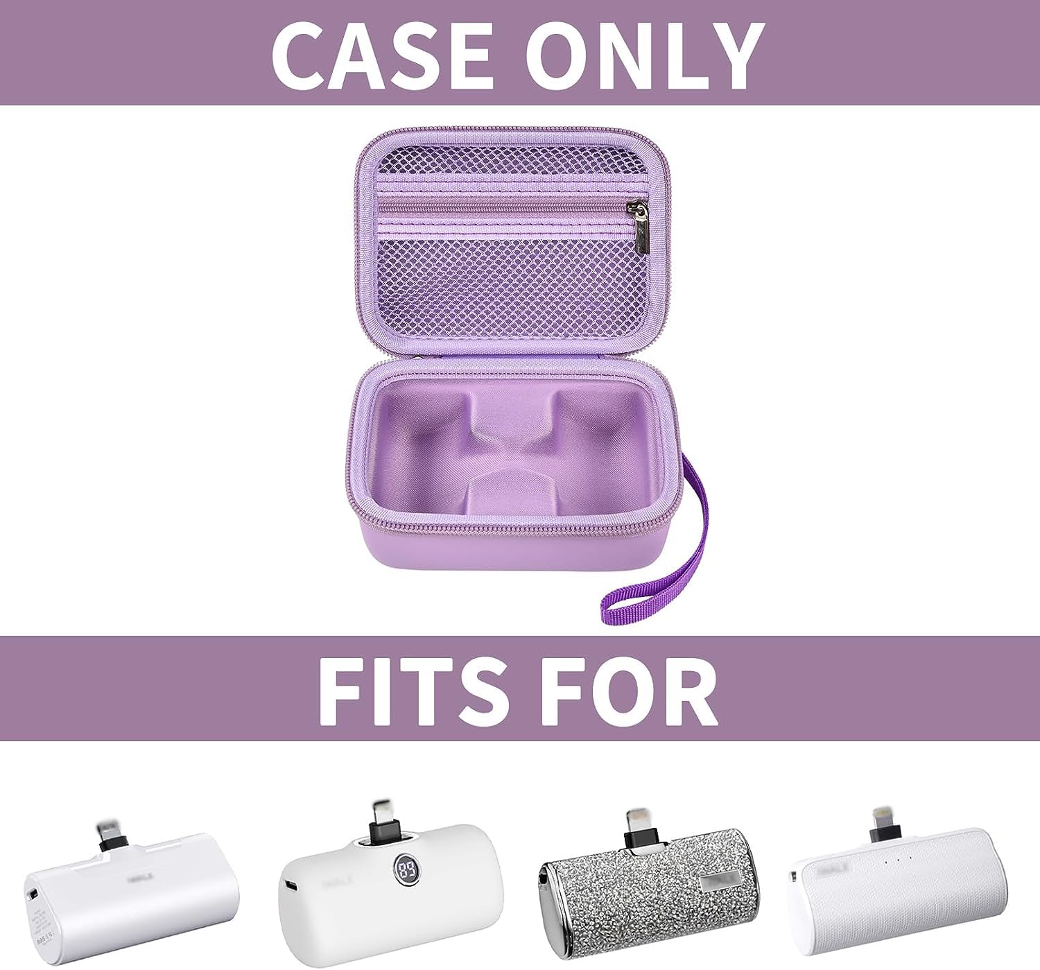 Open lavender mini power bank case shown with compatible portable chargers; case only