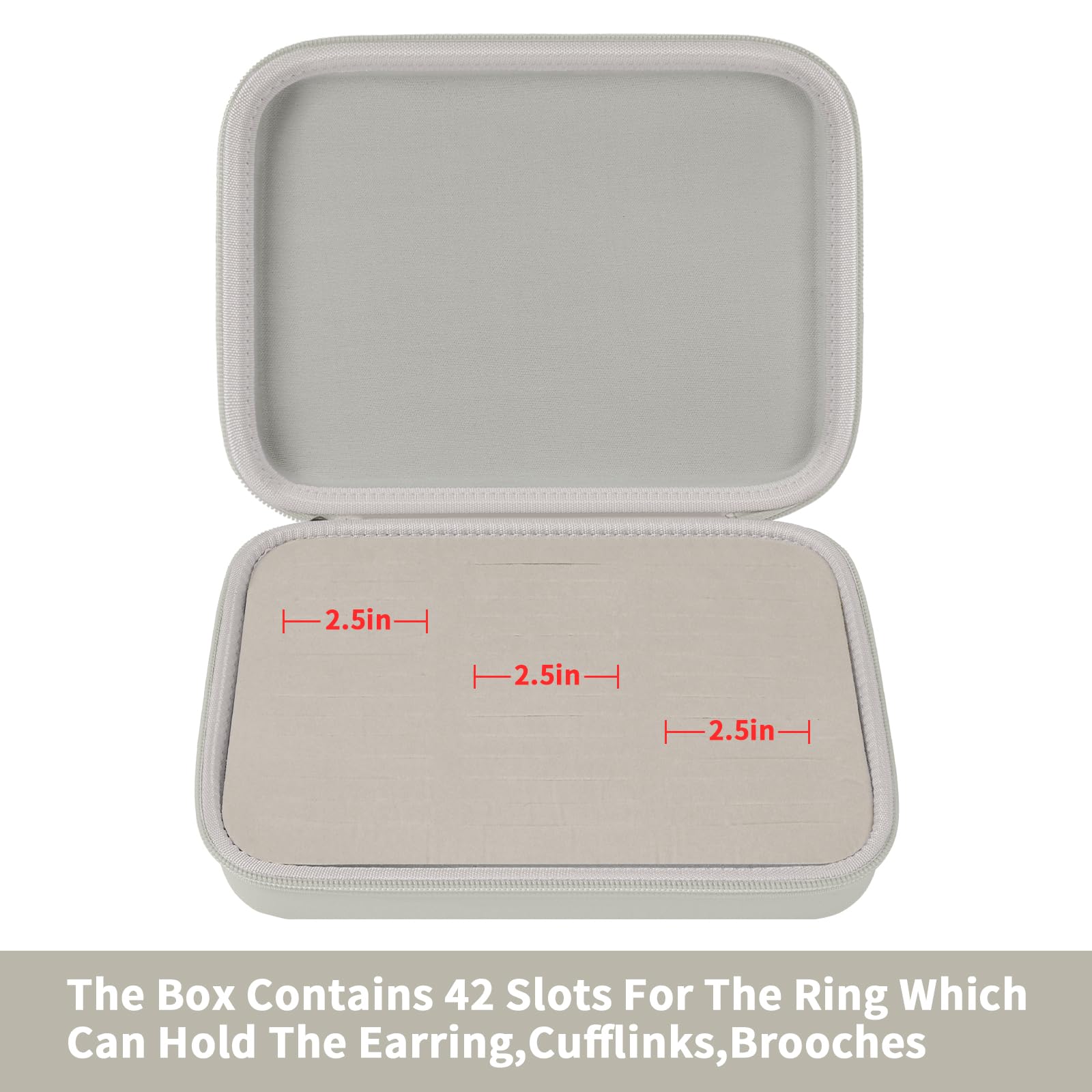 Open ivory jewelry organizer showing 42 padded slots for rings and small accessories