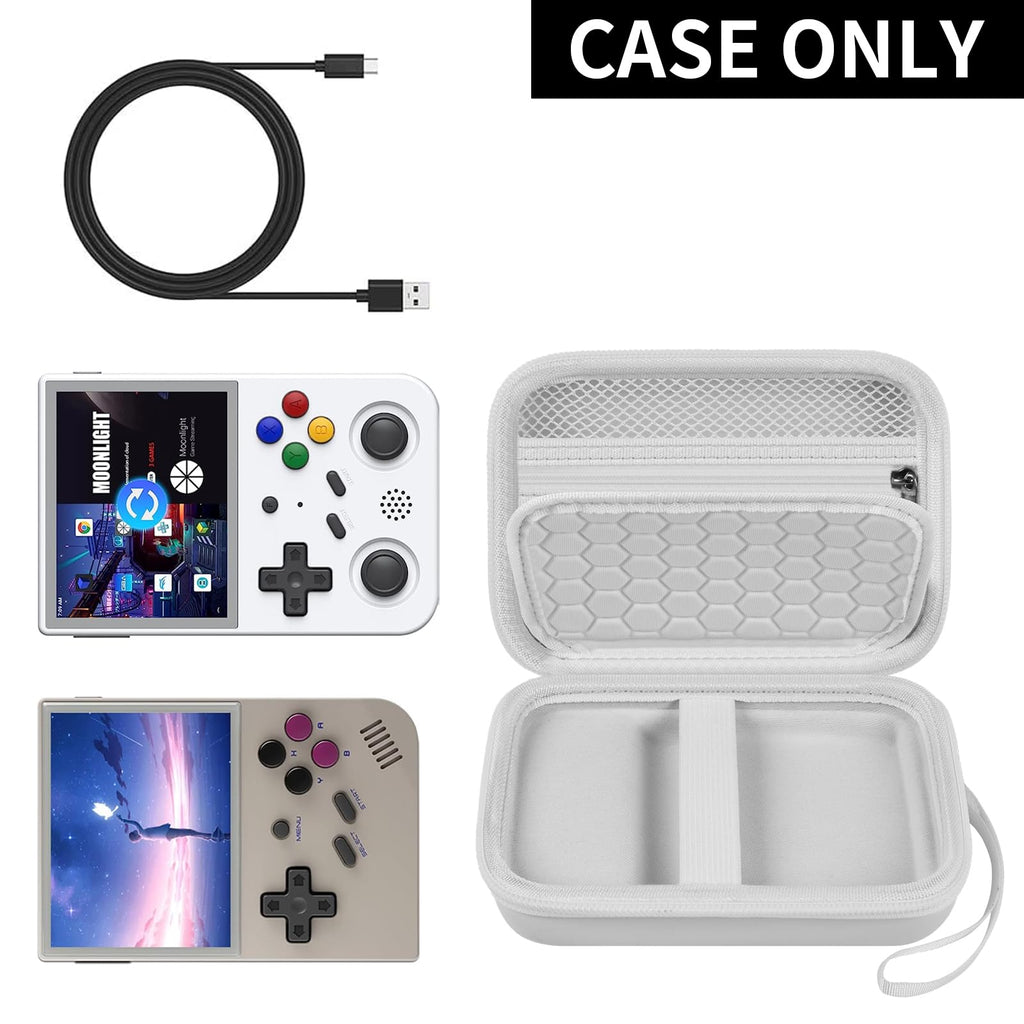 White retro handheld console carrying case shown open with compatible retro handheld consoles and cable