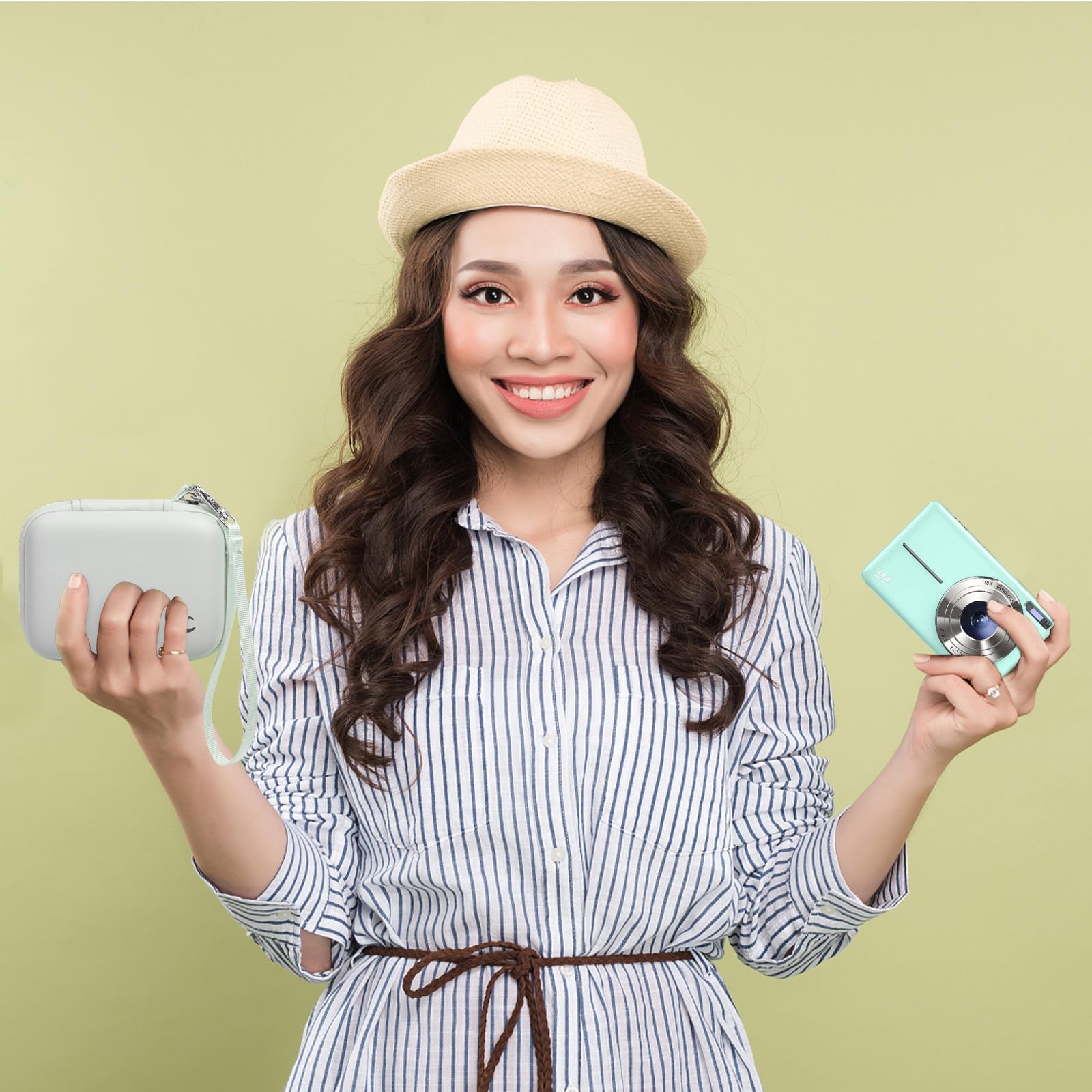 Woman holding the white camera case beside a compact digital camera