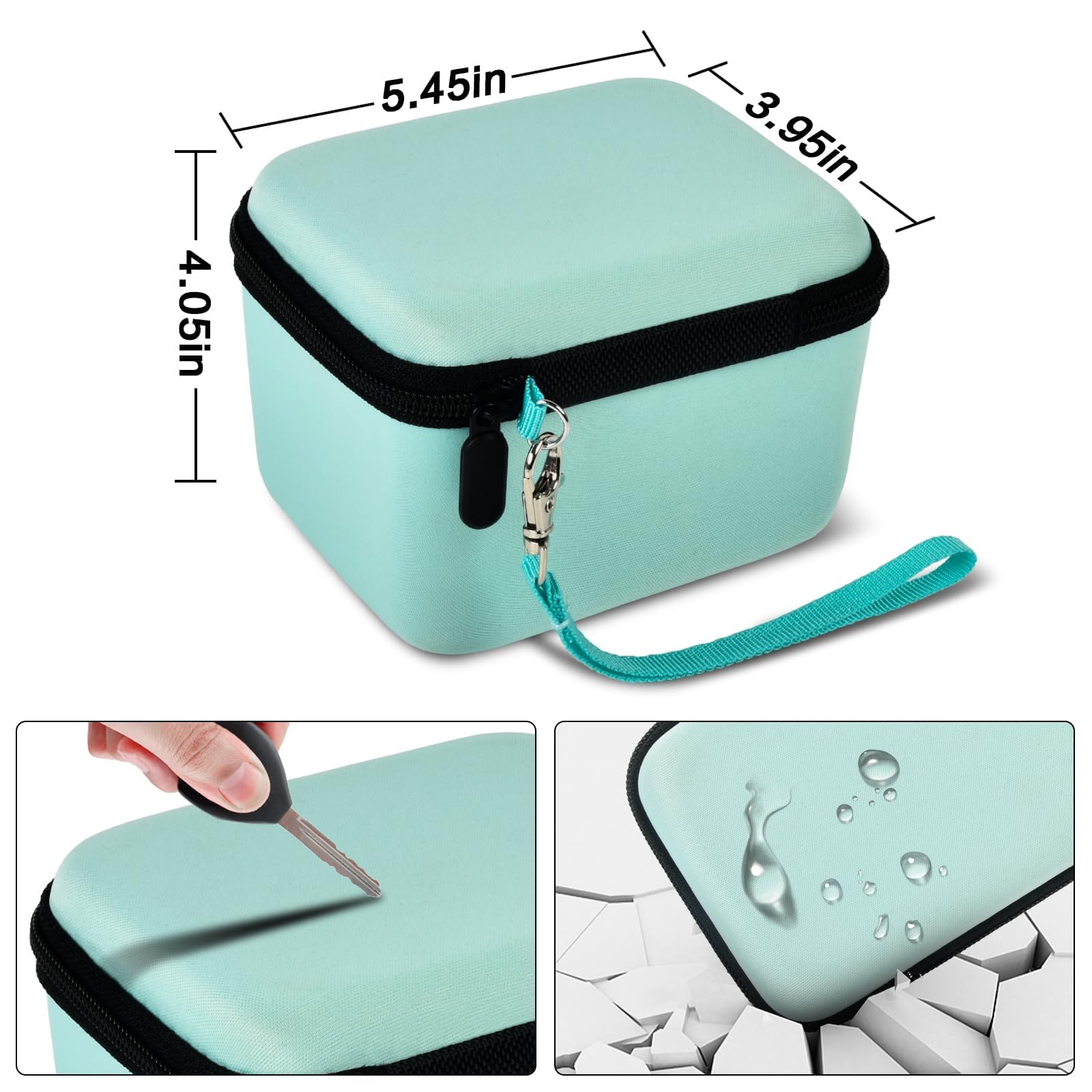 Mint green camera case dimensions with scratch, impact, and water-resistant protection