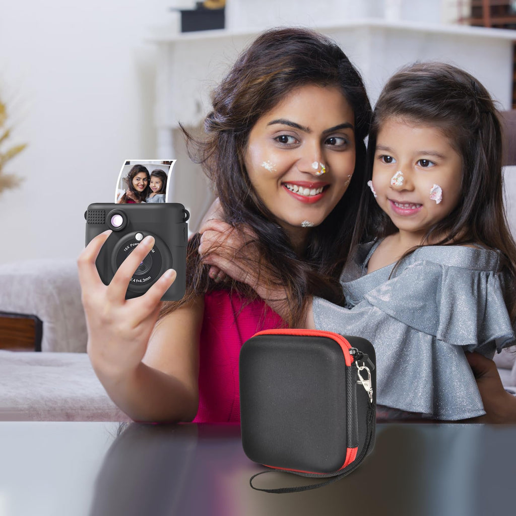 Black and red kids instant print camera case open beside a child using the camera with a parent