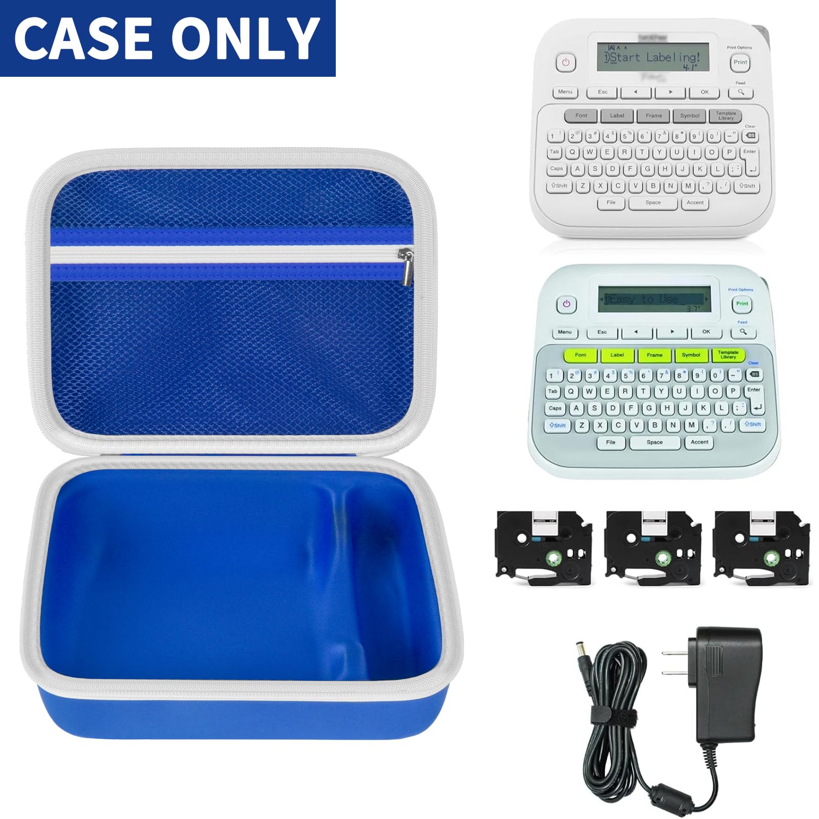Open blue and white P-touch label maker case with mesh pocket; case only